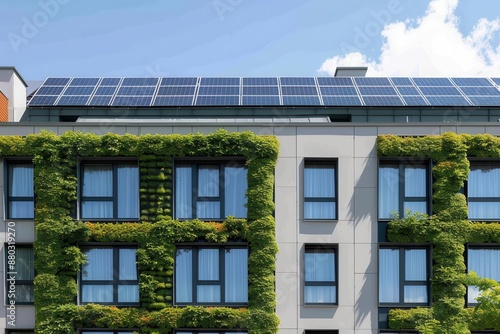 Industrial hotel exterior with a modern design, featuring green walls and solar panel installations, Urban, Green and Grey, Photograph, Sustainable architecture