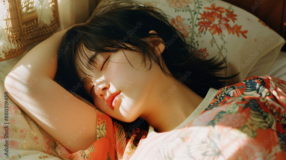 眠るアジア人女性 - 自然光に包まれたリラックスしたシーン. 眠るアジア人女性 - 自然光に包まれたリラックスしたシーン.