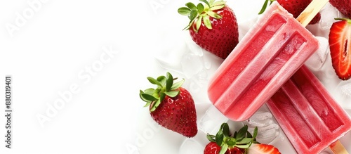 Bright refreshing taste of summer captured in a homemade strawberry popsicle with ice cream sticks against a white background in a copy space image. photo