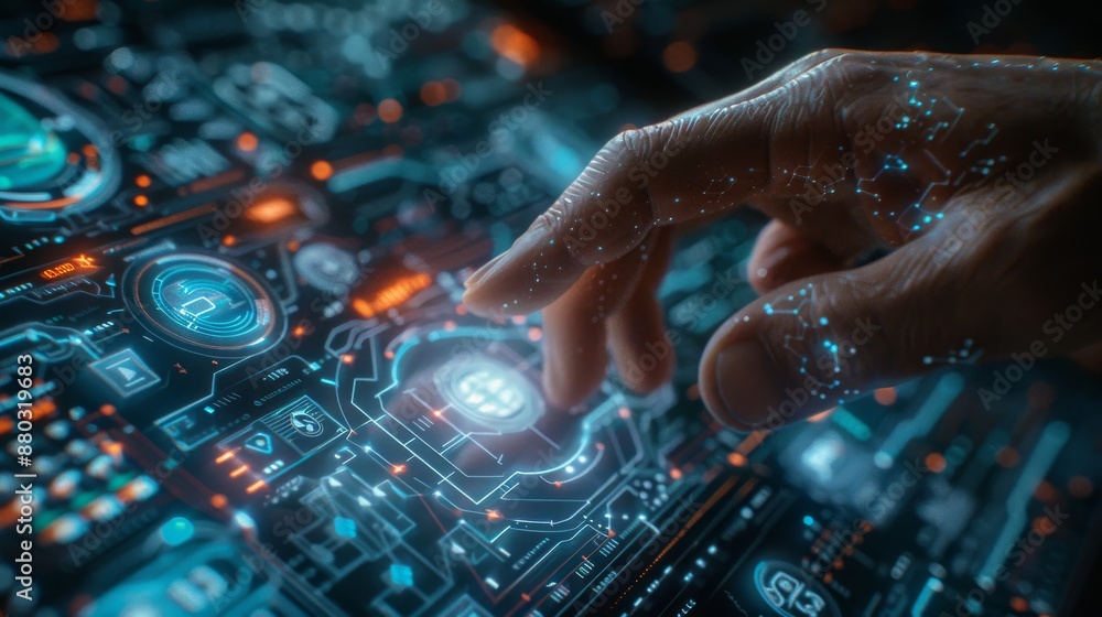 Hand interacting with futuristic digital interface screen Hand interacting with futuristic digital interface screen