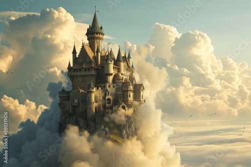 A castle in the clouds with fluffy clouds floating above it, A whimsical fairytale castle in the clouds, AI generated