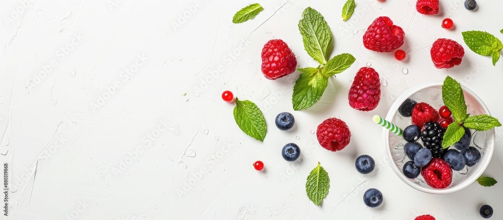 A refreshing summer drink with mint, berries, and a straw, placed on a white background with room for text around the cocktail for a copy space image. A refreshing summer drink with mint, berries, and a straw, placed on a white background with room for text around the cocktail for a copy space image.