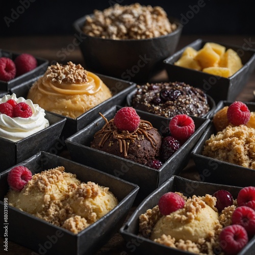 A selection of berry-topped desserts in boxes, including cakes and pastries with cream.

