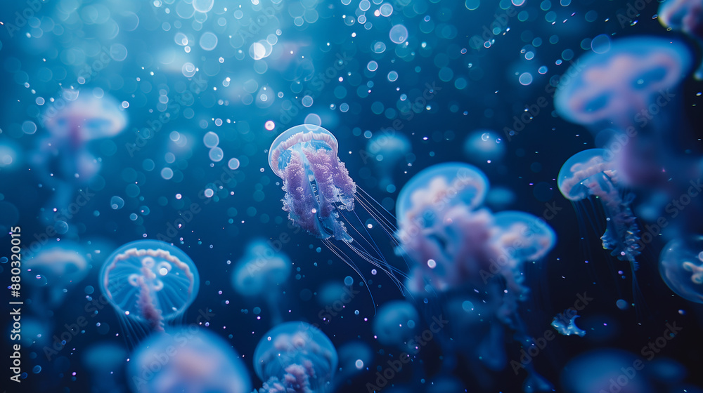 Obraz premium Beautiful jellyfish swimming in the deep sea