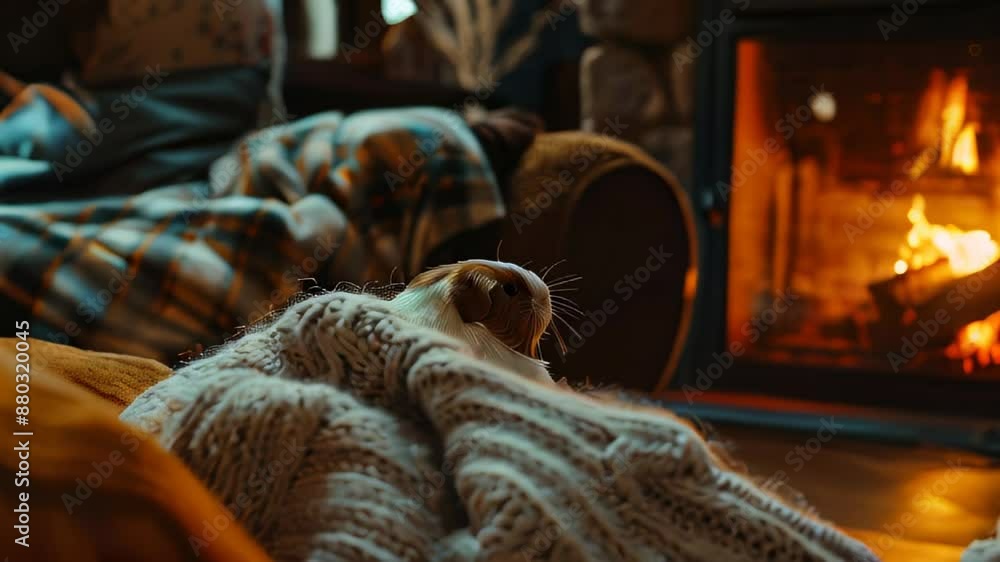 Cozy scene with pet resting by warmly lit fireplace Cozy scene with pet resting by warmly lit fireplace