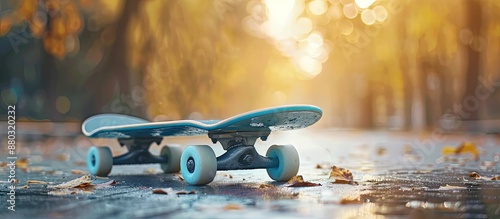 A blurred, trendy very peri colored skateboard with a modern backdrop at a public park in the morning, showcasing the head and wheel, presenting a sport concept with copy space image. photo