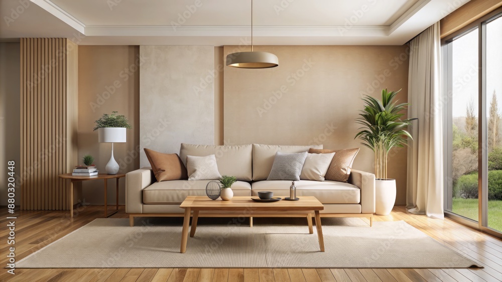Fototapeta premium Modern minimalist 3D rendering of an empty living room interior with beige walls beige sofa and wooden coffee table decor.