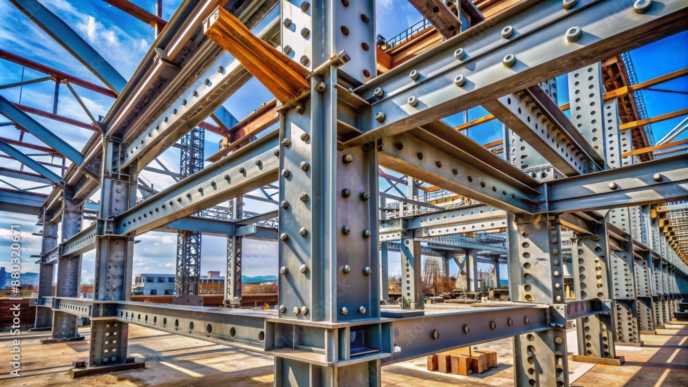 Rugged steel joint structure with sturdy bolts and rivets dominates the construction site, exposing industrial engineering prowess. Rugged steel joint structure with sturdy bolts and rivets dominates the construction site, exposing industrial engineering prowess.