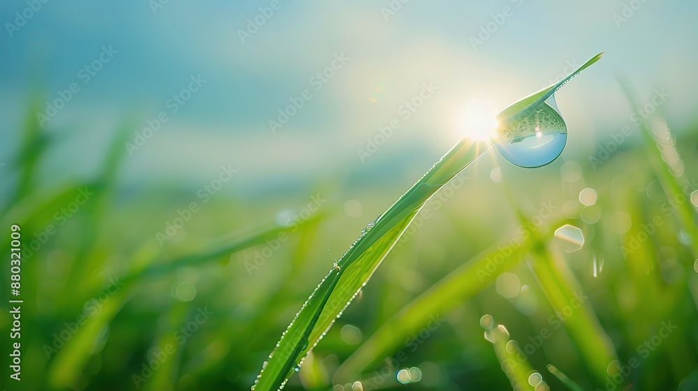 Fototapeta premium Single pristine water drops hanging on green leaves in a grass field with warm and hazy golden sunlight in the background. The picture has a calm and peaceful atmosphere.
