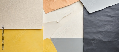 A collection of handmade rag papers featuring an abstract landscape with gray and yellow pastel tones, ideal for a copy space image. photo