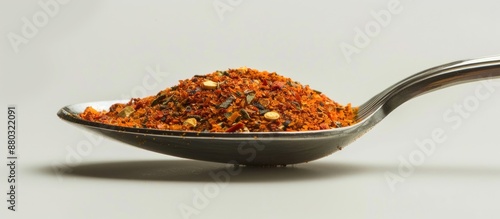 A spoon displaying Cajun seasoning against a blank background for a copy space image.