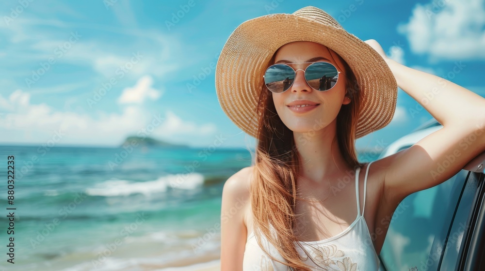 Female traveler wearing a hat poses by her car during a summer vacation by the sea. Female traveler wearing a hat poses by her car during a summer vacation by the sea.