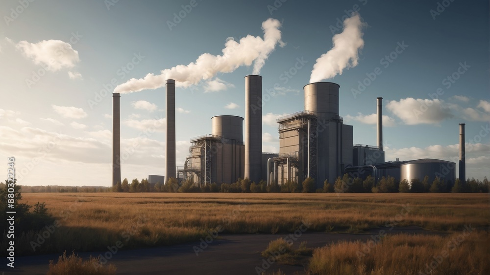 A rendering of a biomass power plant with boiling tanks and hovering turbines A rendering of a biomass power plant with boiling tanks and hovering turbines