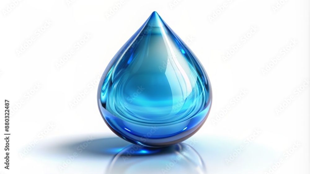 Sparkling transparent blue water droplet icon with realistic reflection and ripples isolated on white background with subtle shadows. Sparkling transparent blue water droplet icon with realistic reflection and ripples isolated on white background with subtle shadows.