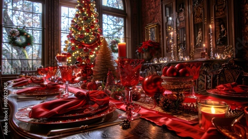 Festive New Year's table adorned in vibrant red hues, set amidst a backdrop of an ornate Christmas tree and a window showcasing a wintry landscape.