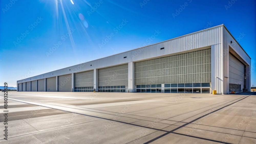 Fototapeta premium Aerial view of a vast, empty, and well-maintained apron space between two massive aircraft hangars with concrete flooring.