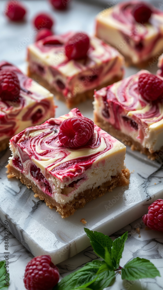 Swirled Raspberry Cheesecake Bars on a Slate Board Swirled Raspberry Cheesecake Bars on a Slate Board