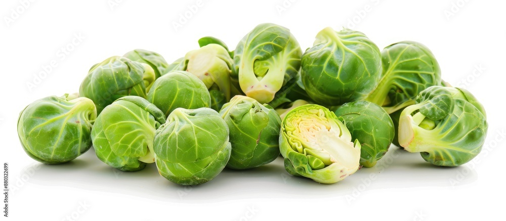 Fototapeta premium Freshly cut, cleaned Brussel sprouts are isolated with a simple background in the copy space image.