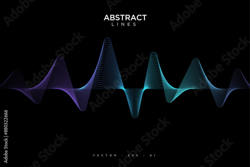Abstract sound wave equalizer stripe lines blue green light isolated on black background. Vector illustration in concept music, sound, technology.