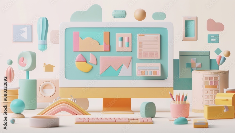 Pastel Colored 3D Render of a Modern Desktop Workspace Pastel Colored 3D Render of a Modern Desktop Workspace