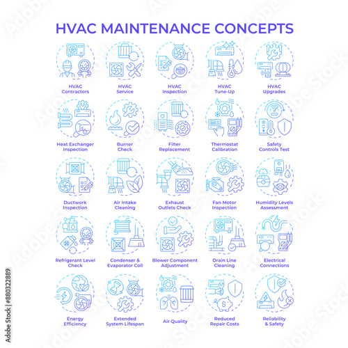 HVAC maintenance blue gradient concept icons. Heating, ventilation and air conditioning. Tune-up and repair services. Air quality. Icon pack. Vector images. Round shape illustrations. Abstract idea