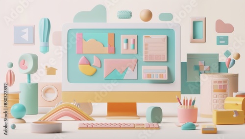 Pastel Colored 3D Render of a Modern Desktop Workspace