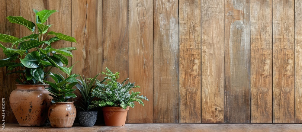 Potted plants displayed against a wooden backdrop with copy space image. Potted plants displayed against a wooden backdrop with copy space image.