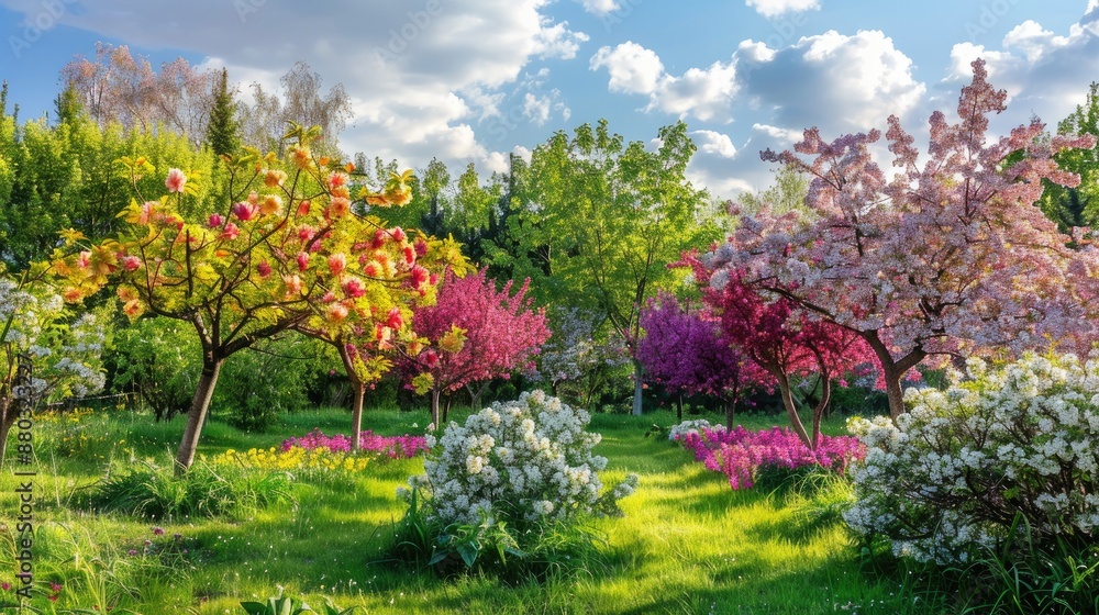 A picturesque garden with a variety of flowering trees, creating a canopy of blossoms in springtime. A picturesque garden with a variety of flowering trees, creating a canopy of blossoms in springtime.