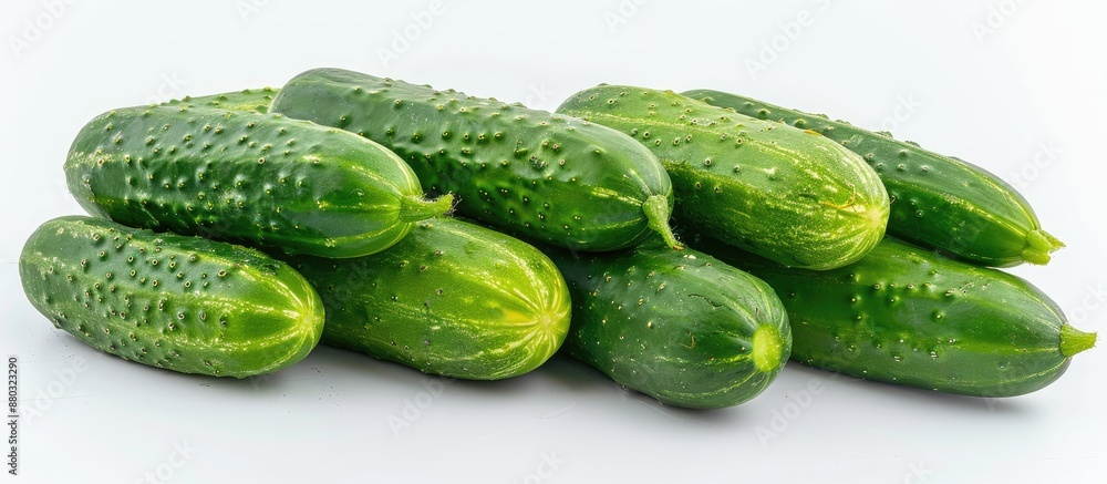 Front view of a cluster of crisp green cucumbers isolated on a white background with room for text or a image alongside. Front view of a cluster of crisp green cucumbers isolated on a white background with room for text or a image alongside.