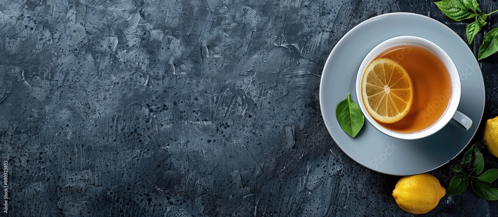 Tea time concept with a cup of tea and lemon on a dark concrete background, ideal for a copy space image. Tea time concept with a cup of tea and lemon on a dark concrete background, ideal for a copy space image.