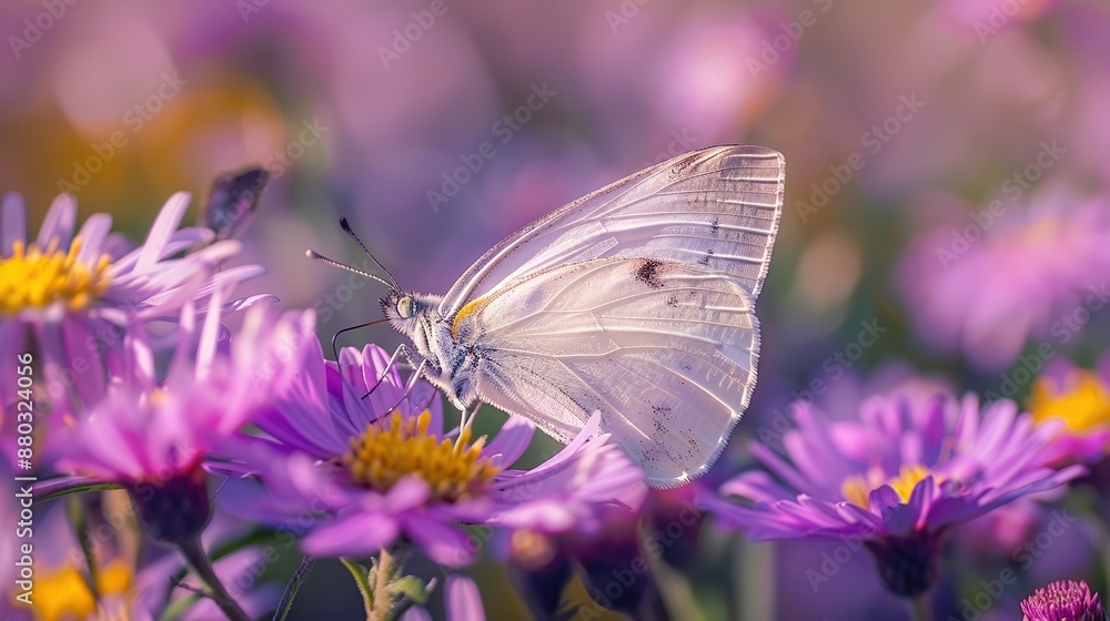 Macro shot of a butterfly delicately perched on a purple flower in a field on a soft, blurred background Macro shot of a butterfly delicately perched on a purple flower in a field on a soft, blurred background