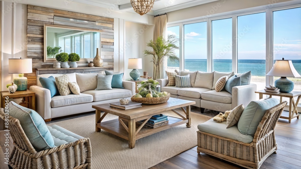Fototapeta premium Serene coastal-style living room with driftwood accents, woven textiles, and calming ocean-inspired hues evoking relaxing beachy ambiance.