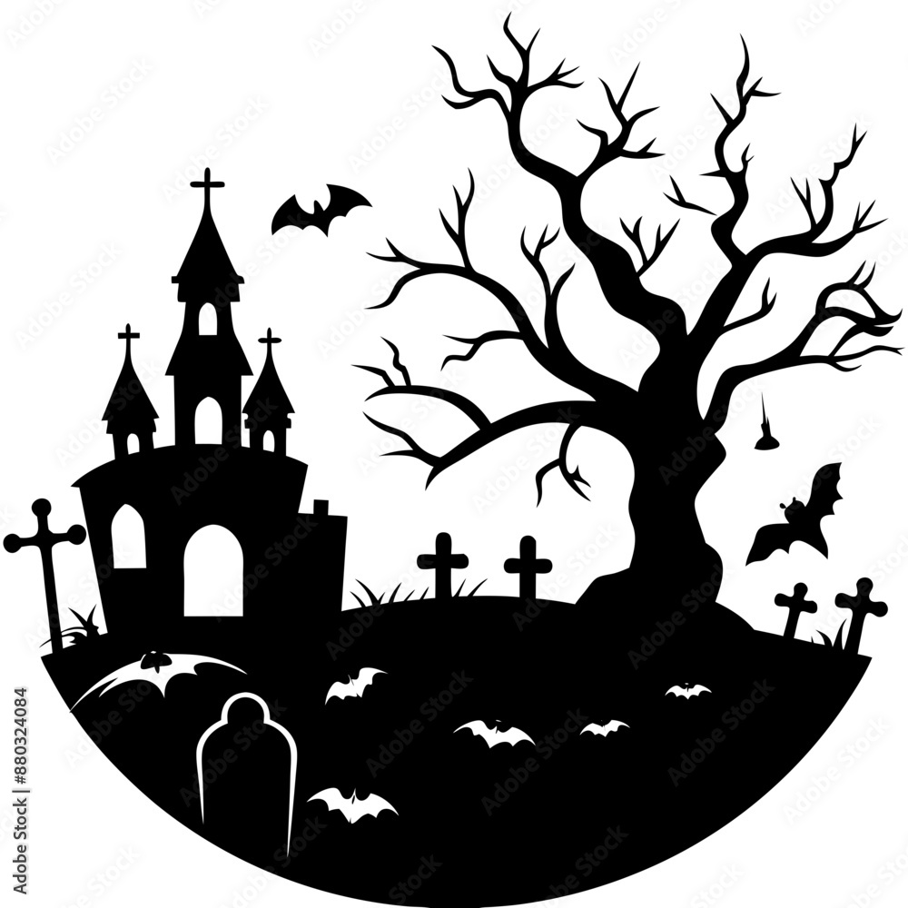 Spooky Halloween graveyard scene silhouette set Spooky Halloween graveyard scene silhouette set