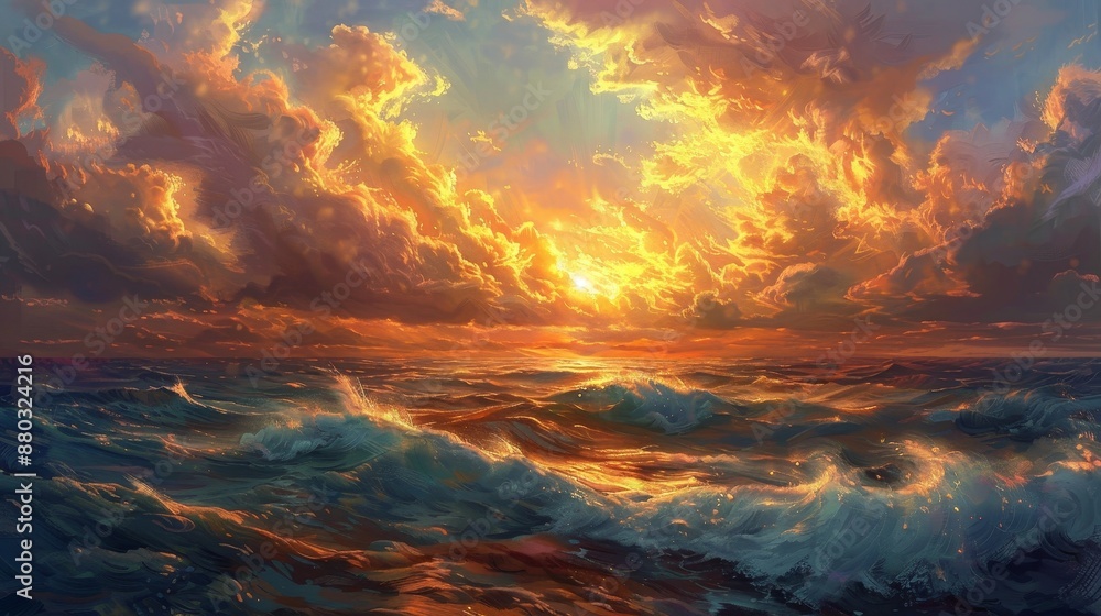 Golden twilight paints the sky as the sun sets dramatically over the ocean, casting vibrant hues across the water and illuminating the billowing clouds. Golden twilight paints the sky as the sun sets dramatically over the ocean, casting vibrant hues across the water and illuminating the billowing clouds.