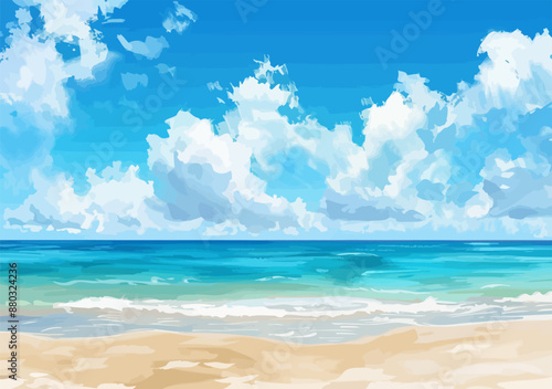 Watercolor Beach Ocean Landscape Vector Illustration.