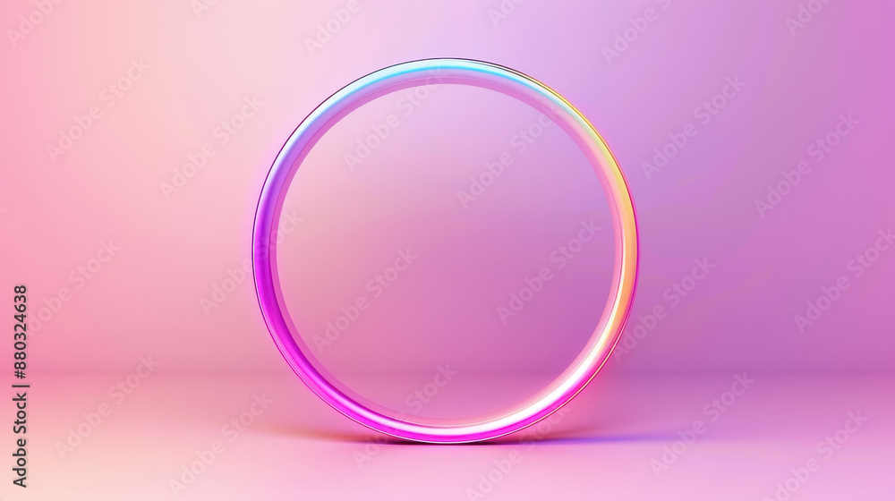 Obraz premium Vibrant 3D render with neon light in a round frame, featuring a blank space for text, ultraviolet spectrum, and ring symbol.