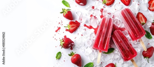 Bright refreshing taste of summer captured in a homemade strawberry popsicle with ice cream sticks against a white background in a copy space image. photo