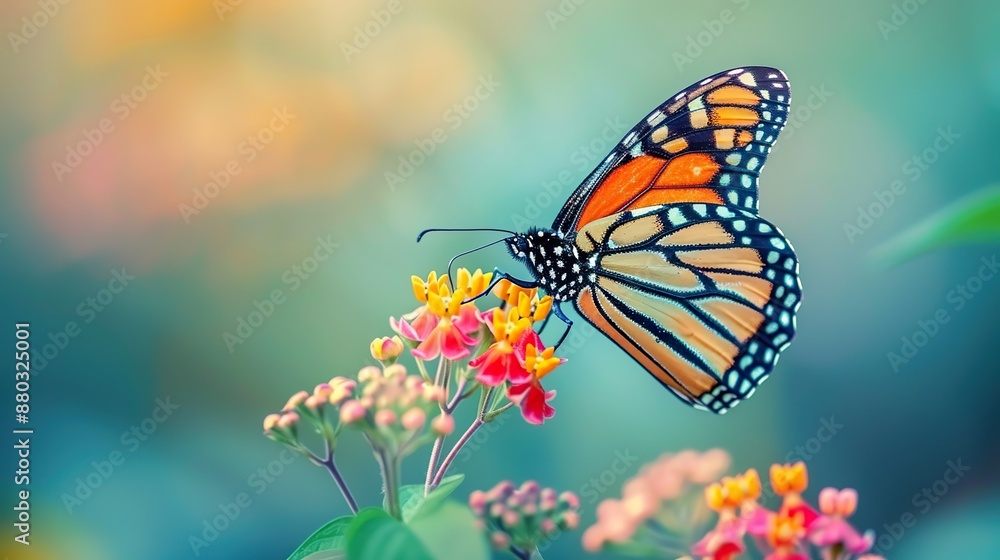 Macro photo of monarch butterflies gently sip the nectar of bright colorful flowers in a field with a soft blur of green fields in the background. Macro photo of monarch butterflies gently sip the nectar of bright colorful flowers in a field with a soft blur of green fields in the background.