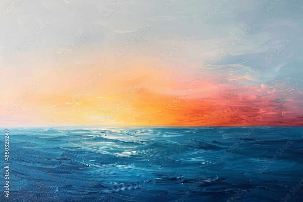 A serene sunset over calm ocean waves, painted in warm pink, orange, and blue tones. A serene sunset over calm ocean waves, painted in warm pink, orange, and blue tones.