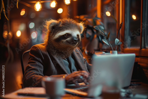 A Sloth-Headed Man Works Late at a Cafe With a Laptop and a Cup of Coffee © Ala
