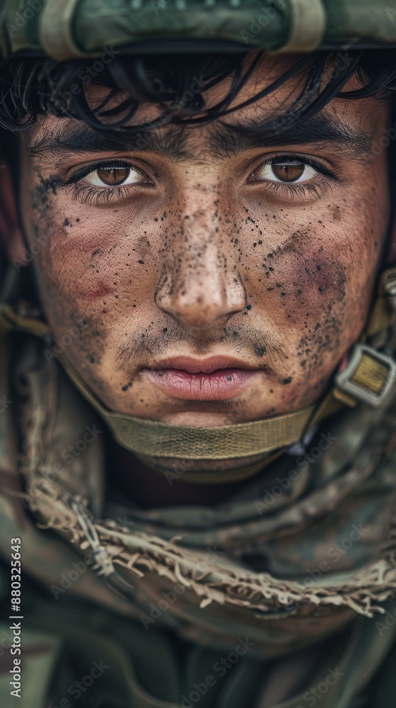 Portrait of a young soldier with determination in his eyes. AI. Portrait of a young soldier with determination in his eyes. AI.