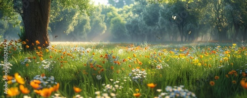 A tranquil meadow filled with wildflowers, where butterflies flit and bees buzz among the fragrant blossoms.