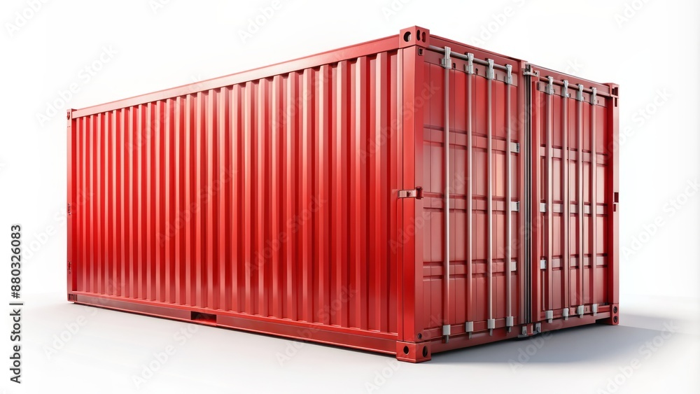 Illuminate isolated red cargo shipping container without inscription or logos on pure white background in 3D rendering style. Illuminate isolated red cargo shipping container without inscription or logos on pure white background in 3D rendering style.
