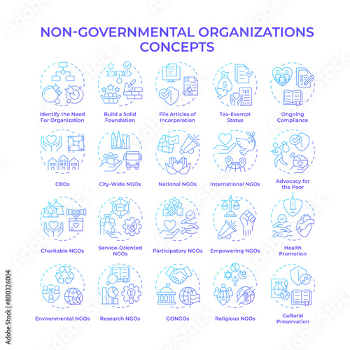 Non-governmental organizations blue gradient concept icons. Non-profit organization. Charitable services. Community support. Icon pack. Vector images. Round shape illustrations. Abstract idea