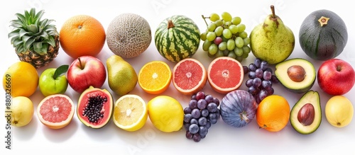 A collection of various fruits on a white background, with a mix of different types and colors. photo