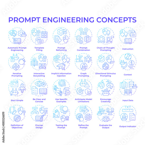 Prompt engineering blue gradient concept icons. Conversational artificial intelligence. Design instruction for ai. Generate response. Icon pack. Vector images. Round shape illustrations. Abstract idea