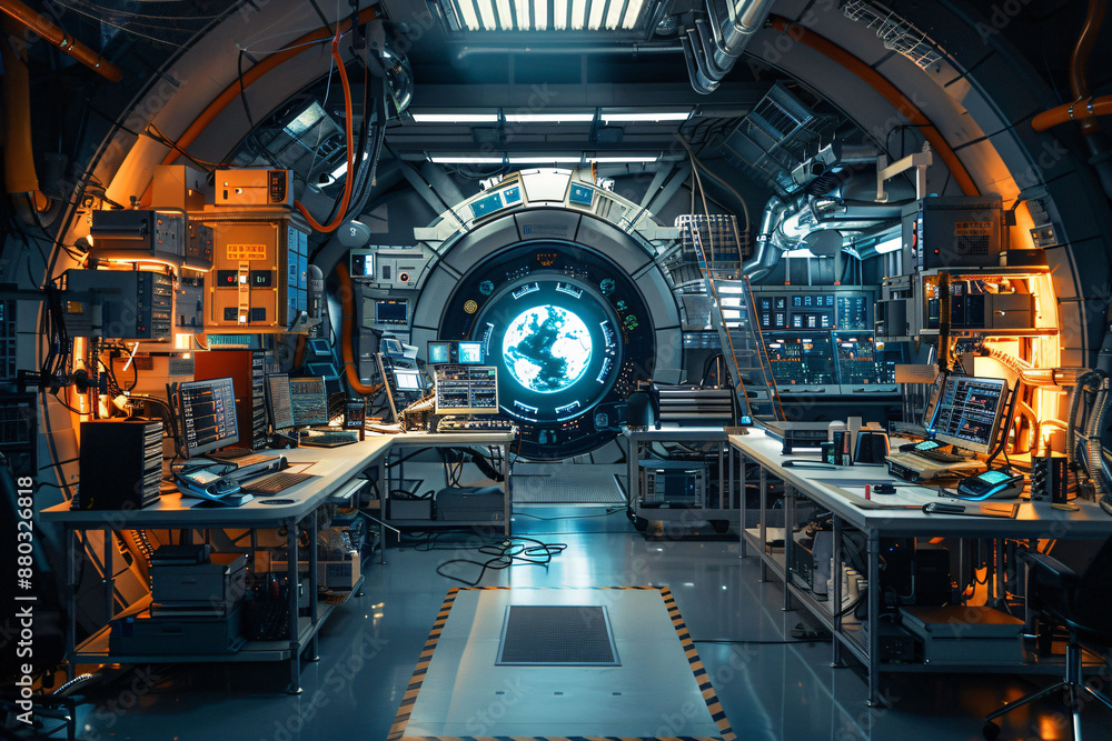 Sci-fi laboratory with advanced technology and holographic interfaces Sci-fi laboratory with advanced technology and holographic interfaces