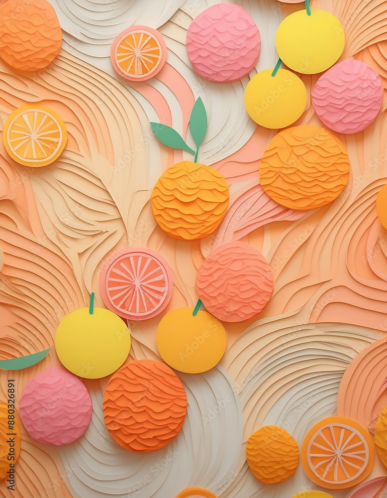 Patrón de frutas con papel a capas, cartulina cortada, manualidades con papel recortado. Ilustración frutas rosa, naranja y amarillo Patrón de frutas con papel a capas, cartulina cortada, manualidades con papel recortado. Ilustración frutas rosa, naranja y amarillo
