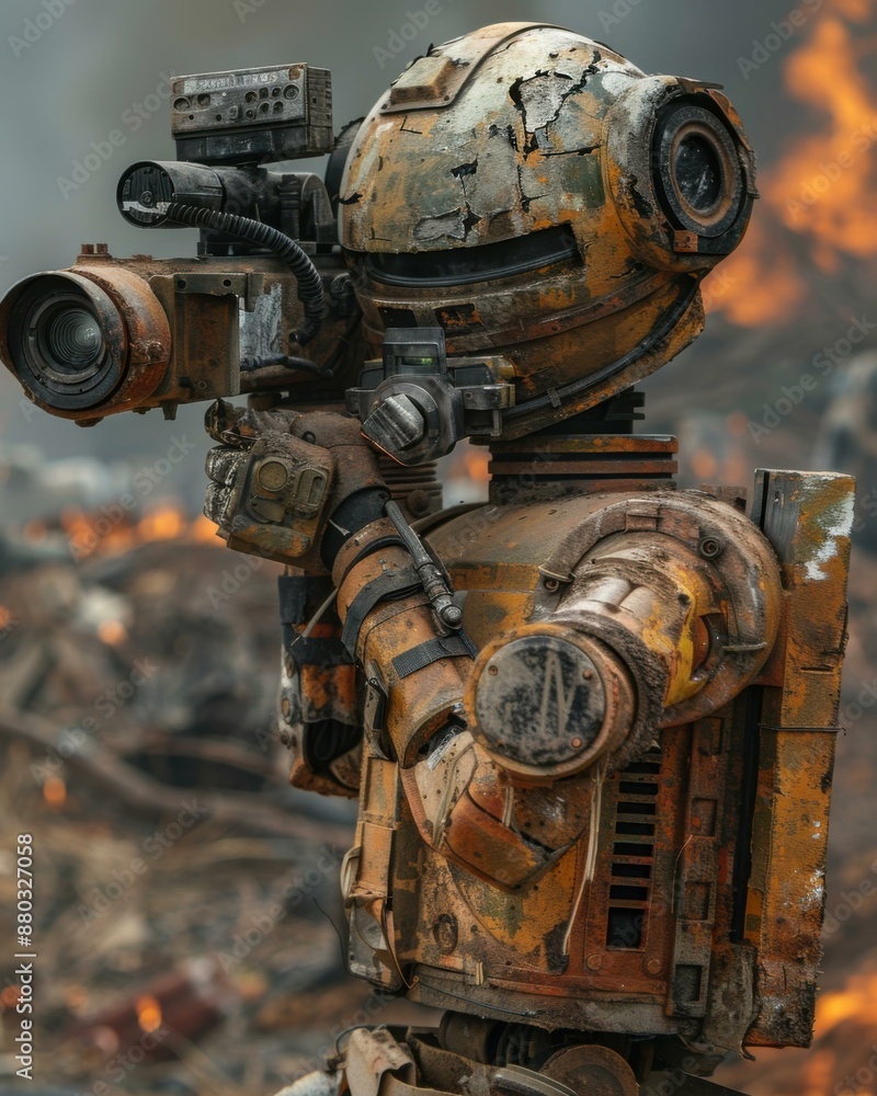 A rusty robot stands in a post-apocalyptic landscape. AI. A rusty robot stands in a post-apocalyptic landscape. AI.