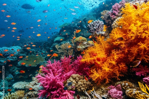 Diverse coral species thrive in the Great Barrier Reef's vibrant ecosystem, A vibrant coral reef with diverse marine life AI generated